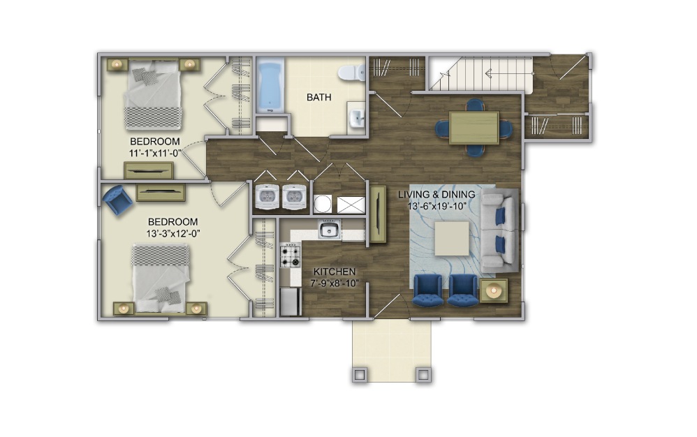 A3 2 Bed 1 Bath Floorplan