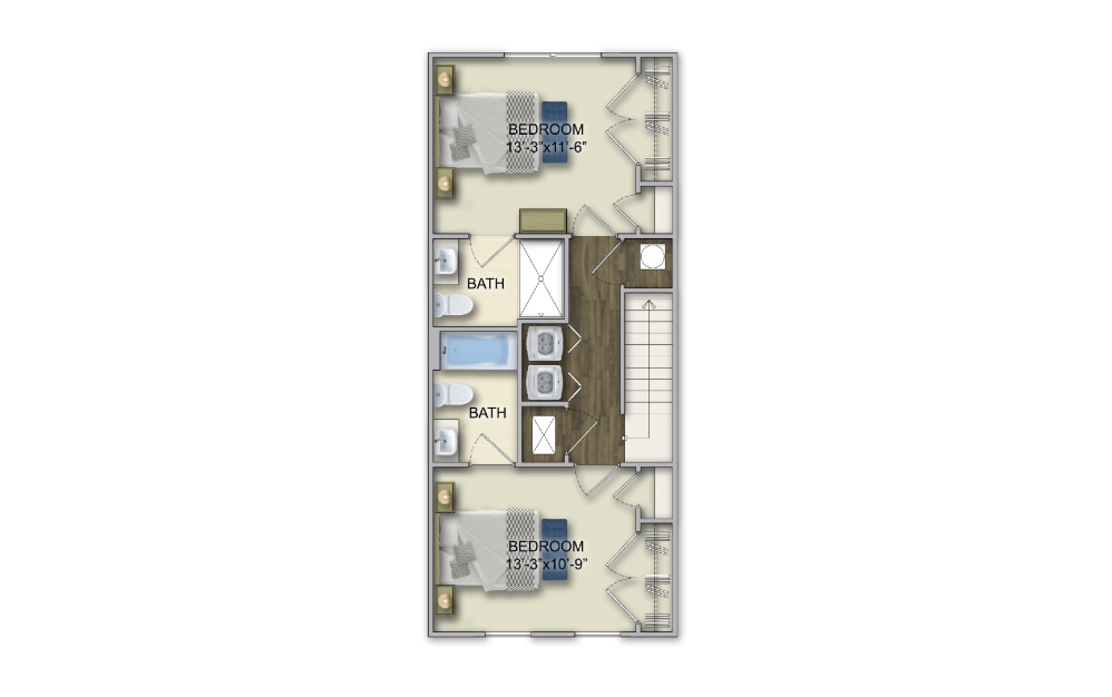 T-1B 2 Bed 2.5 Bath Floorplan